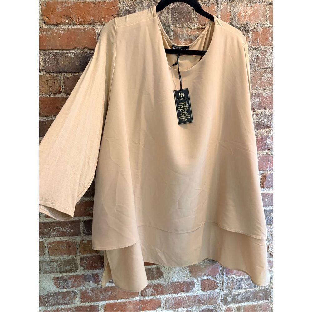 DG2 DIANE GILMAN • Tan Flowy Layered Mixed Fabric 3/4 Sleeve Top • Plus Size 3X